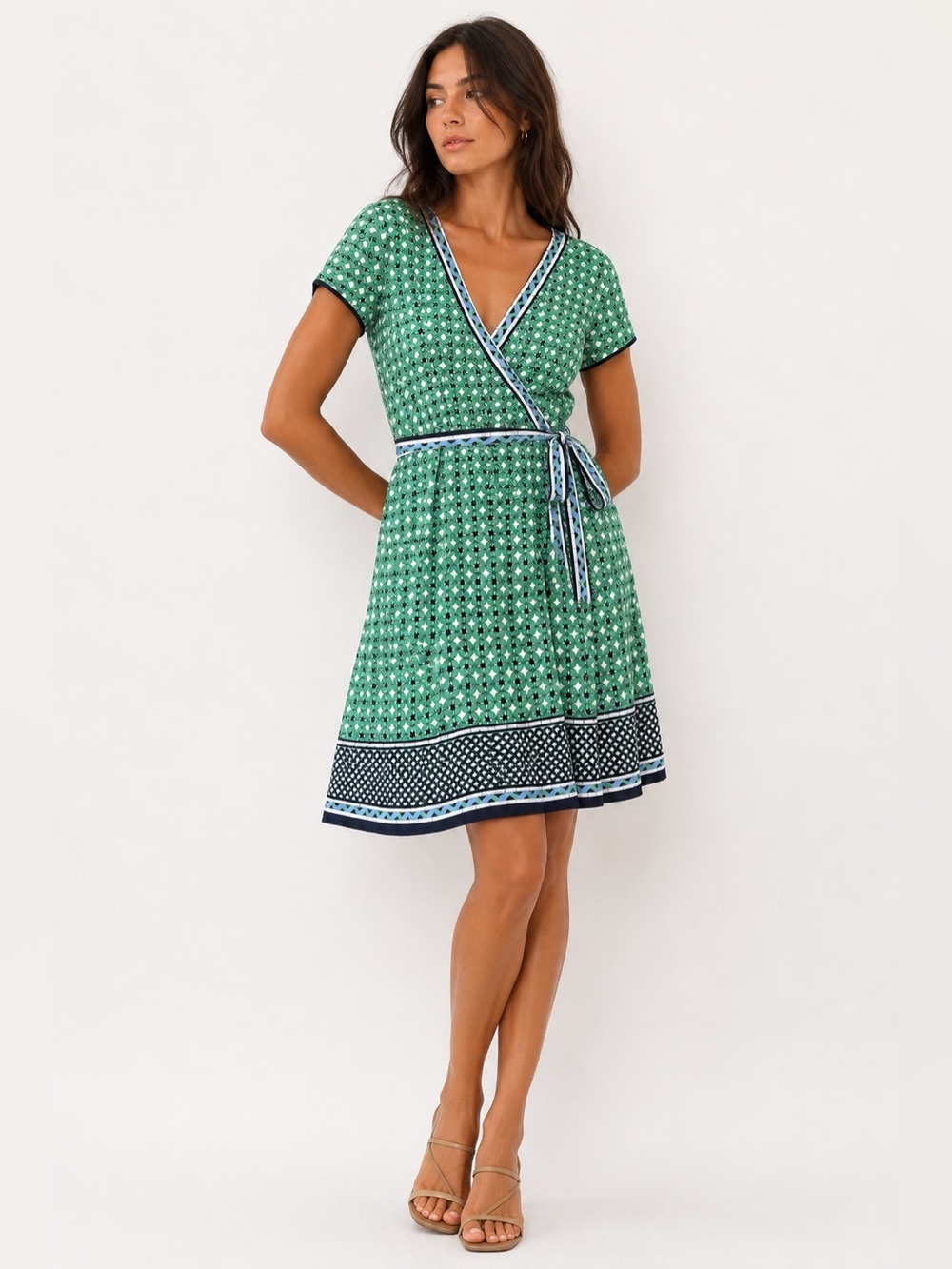 Max Studio Green Geometric Print Wrap Mini Dress S Boho Resort
